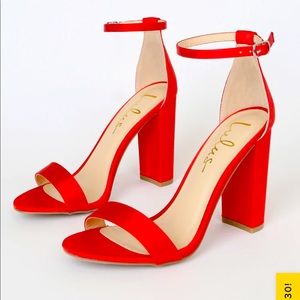 Lulu’s Taylor Red Satin Ankle Strap Heels. BRAND NEW, NEVER WORN.